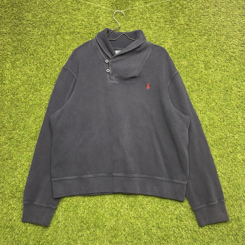 POLO RALPH LAUREN Sweater Mens 2XL Luxury Shawl-Collar Pullover in Navy Blue